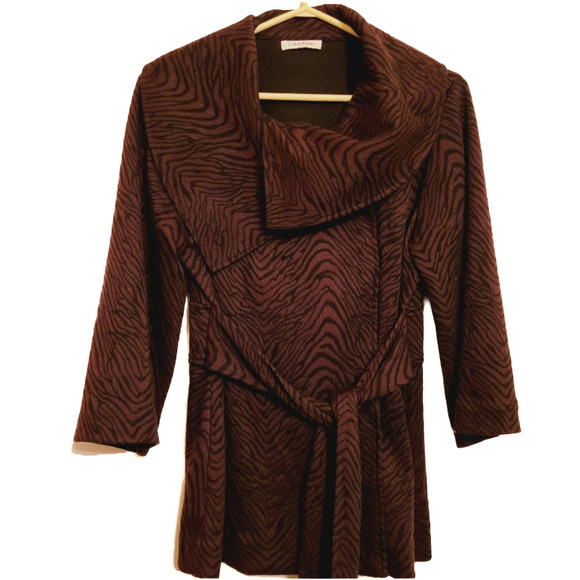 Calvin Klein Womens Brown Animal Print Retro 70s Belted Wrap Coat size large - Picture 1 of 10